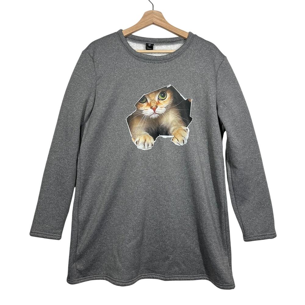 Peeking Kitten Sweatshirt Cute Cat Graphic Crewneck Dress Plush Lined XXL / Lg *